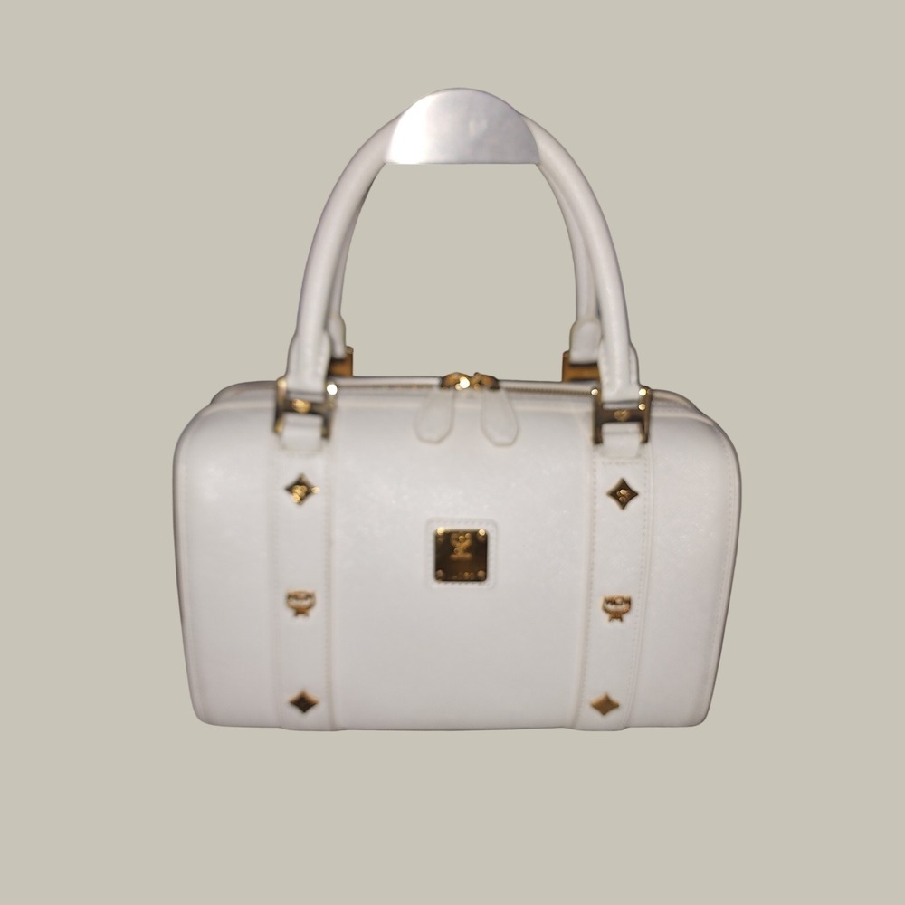 MCM White Saffiano Leather Satchel Bag Gold Studded Boston Handbag 1011102080212